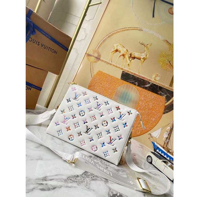 Louis Vuitton LV Women Coussin PM Handbag White Lambskin Leather Zip Closure