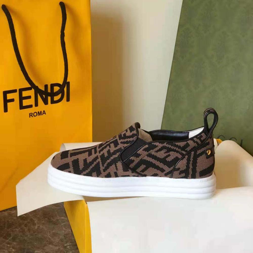 Fendi Women Rise Brown Fabric Slip Ons