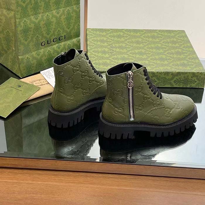 Gucci Unisex GG Leather Boot Dark Green Rubber Lug Sole Lace-Up Interlocking G Low-Heel