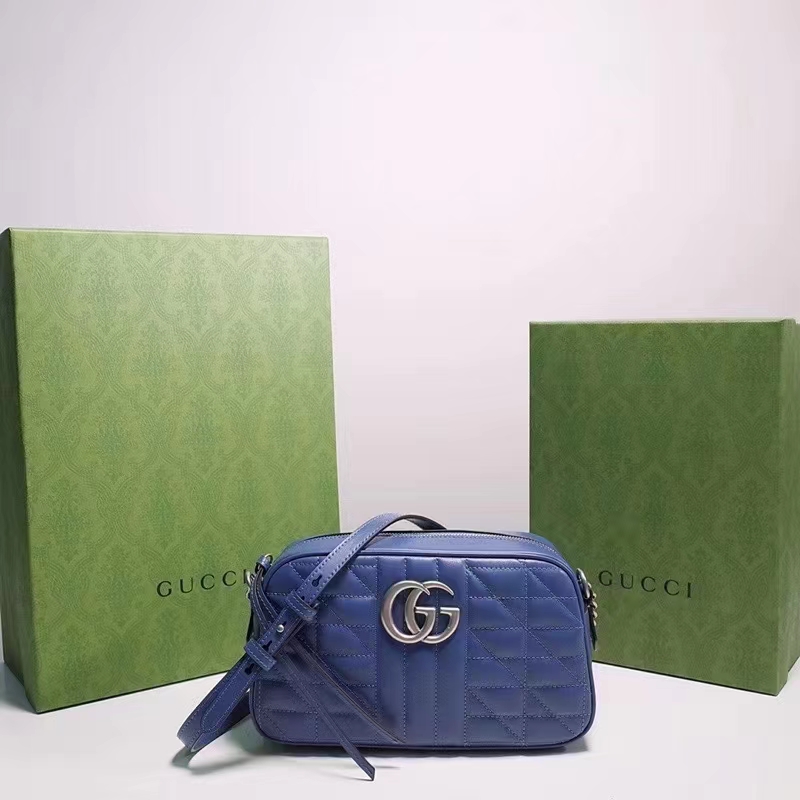 Gucci Unisex GG Marmont Matelassé Shoulder Bag Blue Matelassé Leather Double G