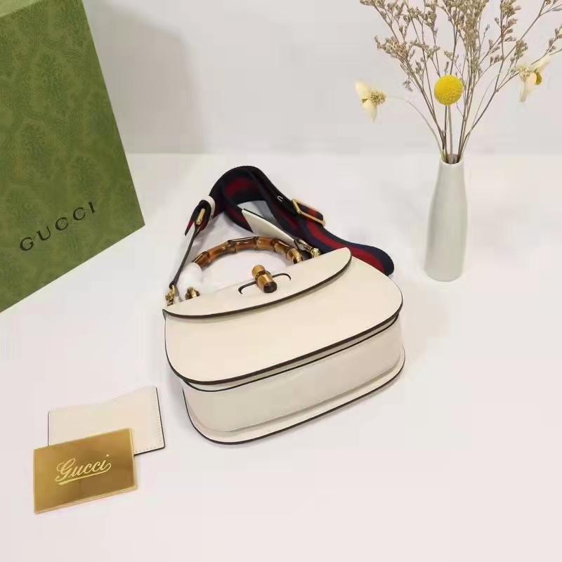Gucci Women GG Small Top Handle Bag Bamboo White Leather