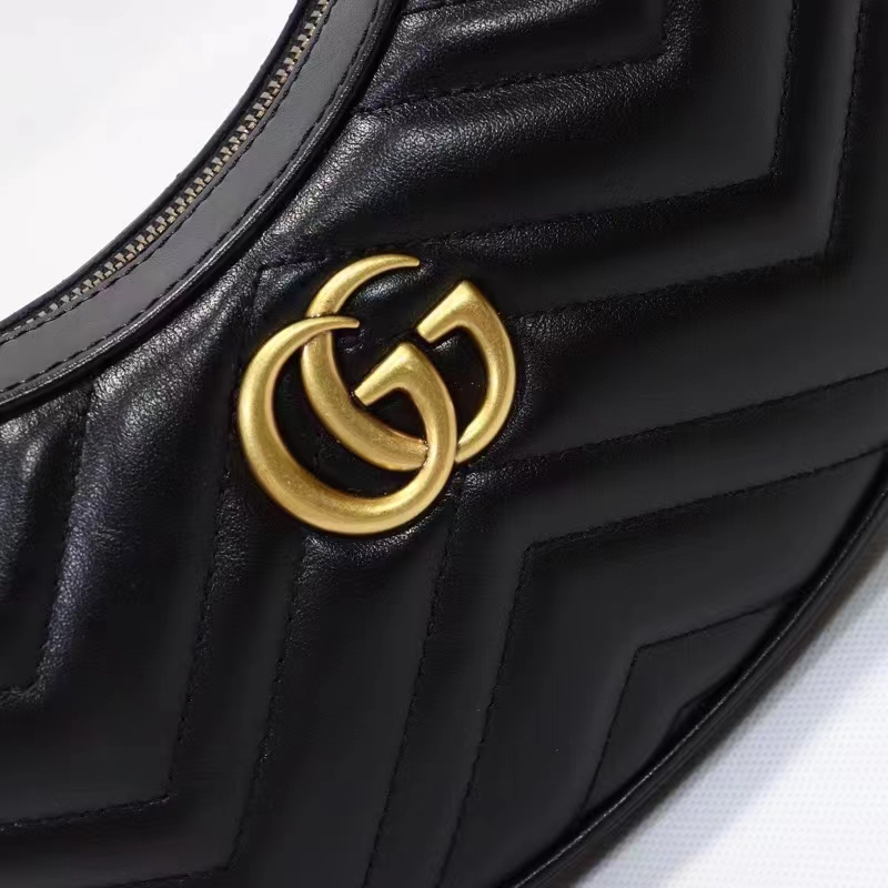 Gucci Women GG Marmont Half-Moon-Shaped Mini Bag Black Matelassé Chevron