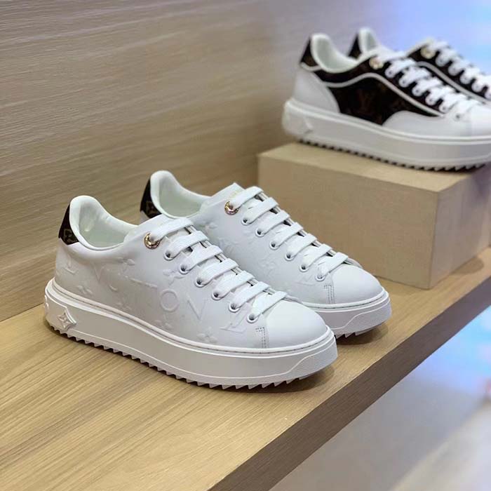 Louis Vuitton Women LV Time Out Sneaker White Debossed Calf Leather Recycled Monogram Nylon
