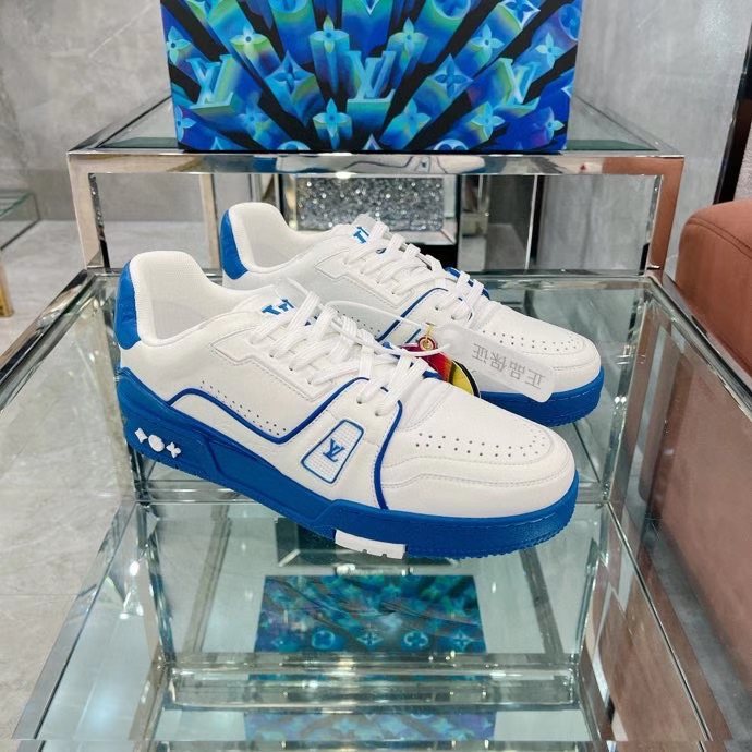 Louis Vuitton Unisex LV Trainer Sneaker Blue Calf Leather Rubber Outsole Monogram Flowers