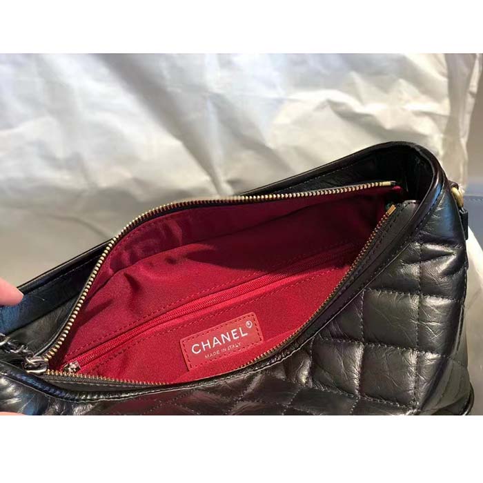 Chanel CC Gabrielle Hobo Medium Bag Black Goatskin Gold Silver-Tone Metal