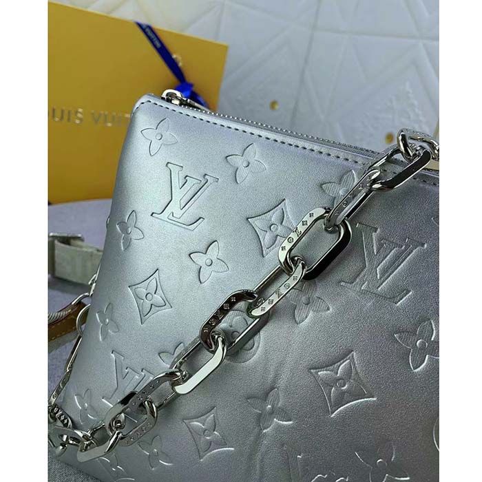 Louis Vuitton LV Women Coussin PM Handbag Silver Lambskin Cowhide Lining Zip Closure