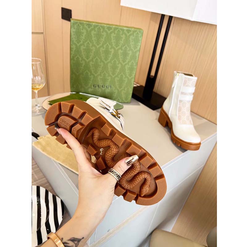 Gucci Women GG Ankle Boot Buckles White Leather Rubber Sole Mid-Heel