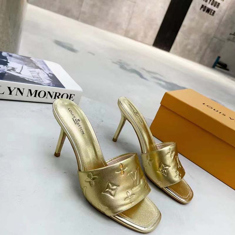 Louis Vuitton LV Women Revival Mule Gold Monogram Embossed Metallic Lambskin