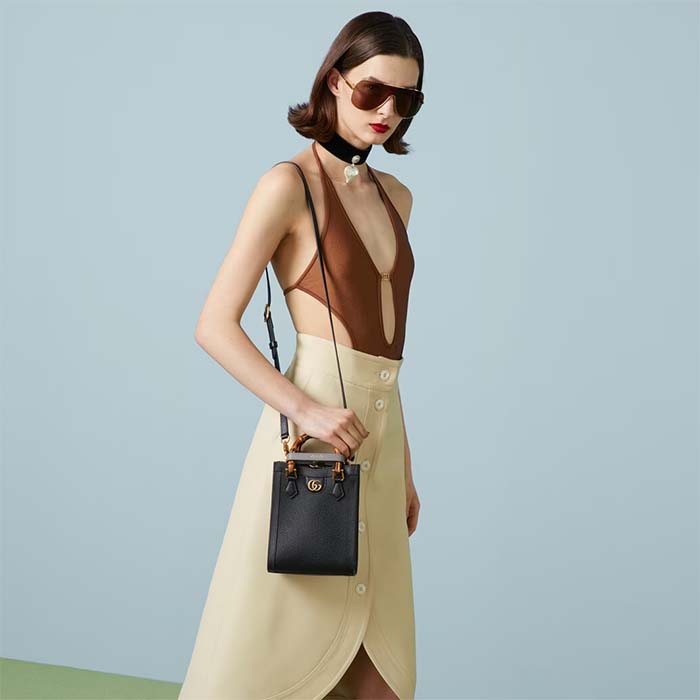 Gucci GG Women Gucci Diana Mini Tote Bag Double G Black Leather