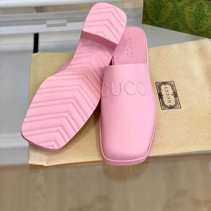Gucci Women GG Slip-On Sandal Pink Rubber Embossed Logo Square Toe Chevron