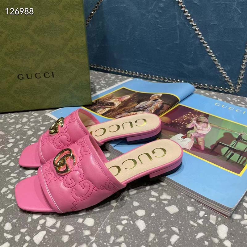 Gucci Women Matelassé Slide Sandal Pink GG Matelassé Leather Square Toe Flat