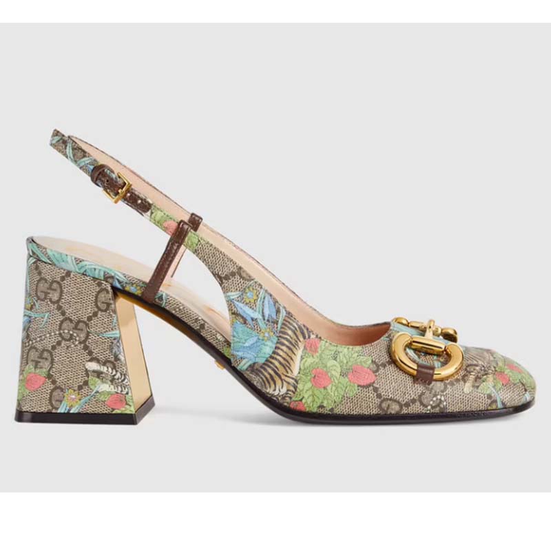 Gucci Women GG Tiger Mid-Heel Slingback Tiger Flower Beige Ebony Supreme Canvas