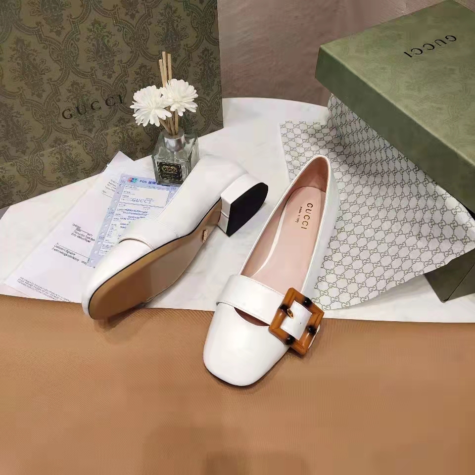 Gucci Women’s GG Ballet Flat Bamboo Buckle White Leather Round Toe Chunky Heel