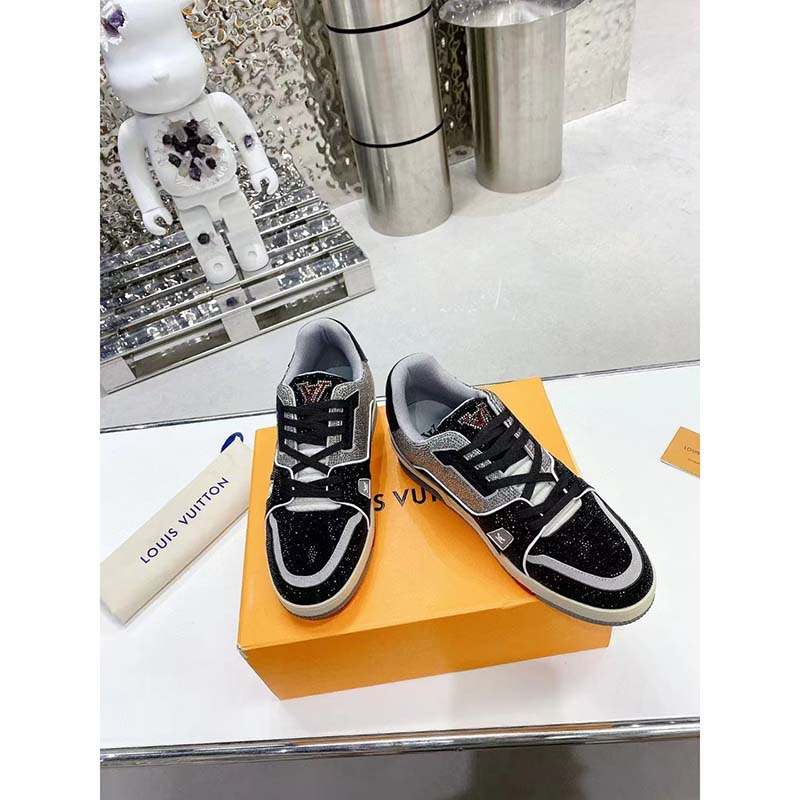Louis Vuitton Unisex Trainer Sneaker Black Strass Rubber Outsole LV Initials Monogram Flowers