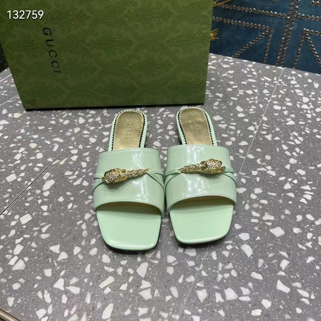 Gucci Women GG Slide Sandal Tiger Head Light Green Leather Flat