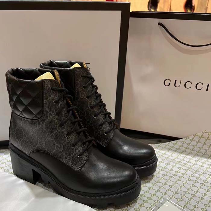 Gucci Women Ankle Boots Black GG Supreme Canvas Rubber Lace-Up High Heel
