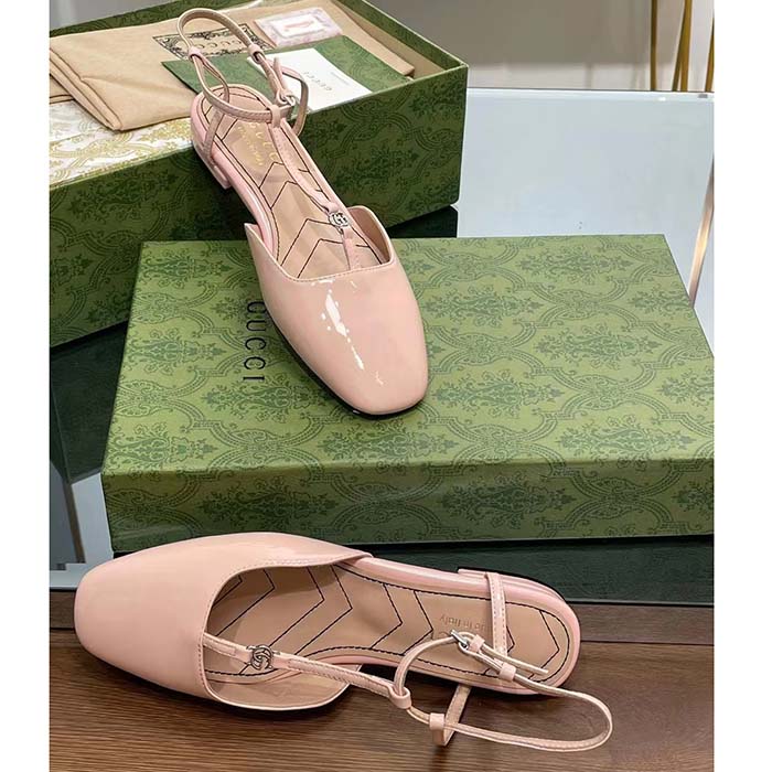 Gucci Women GG Double G Ballet Flat Light Pink Patent Leather Square Toe