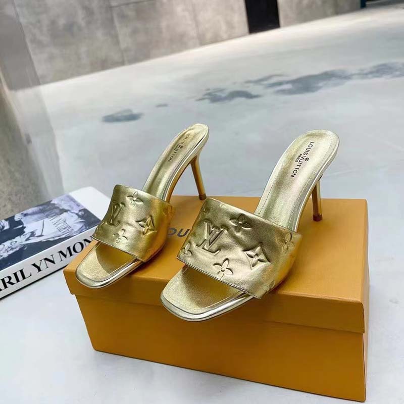 Louis Vuitton LV Women Revival Mule Gold Monogram Embossed Metallic Lambskin