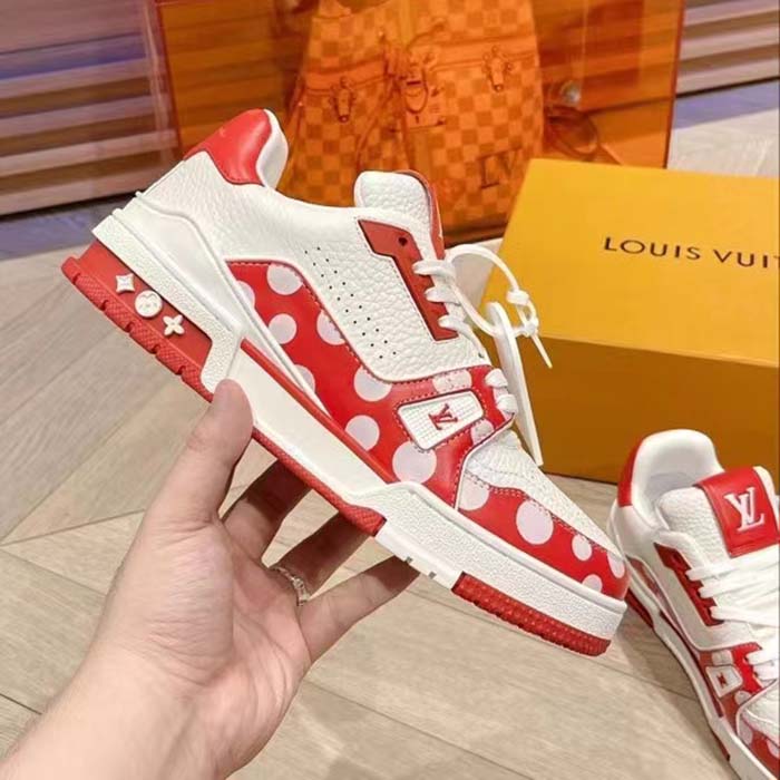 Louis Vuitton Unisex LV Trainer Sneaker Red Calf Leather Rubber Outsole Monogram Flowers