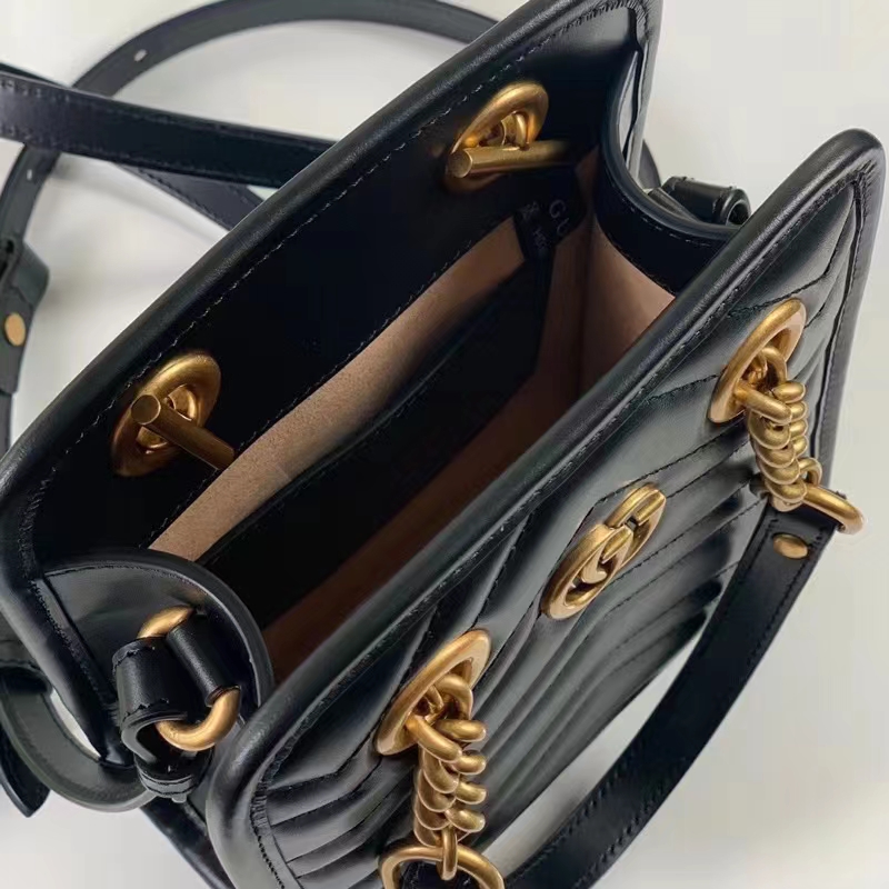 Gucci Women GG Marmont Matelassé Mini Bag Chevron Leather Double G Black