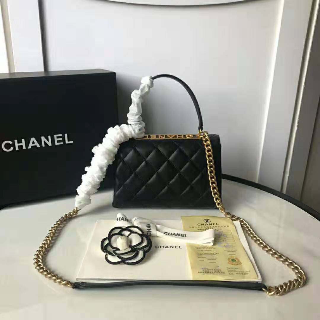 Chanel Women Flap Bag with Top Handle in Lambskin Leather-Black