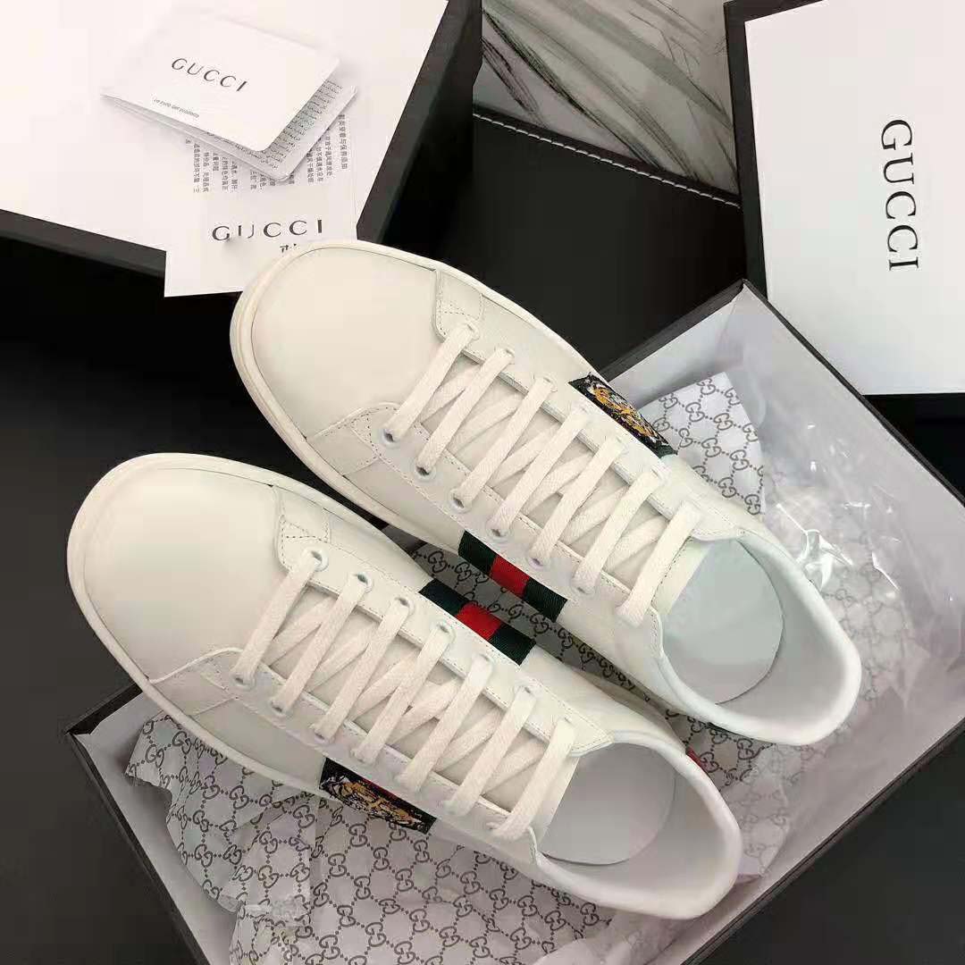 Gucci Men Ace Embroidered Sneaker with Embroidered Tiger Appliqué-White