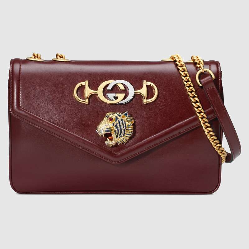 Gucci GG Women Rajah Medium Shoulder Bag in Leather with Tiger Head