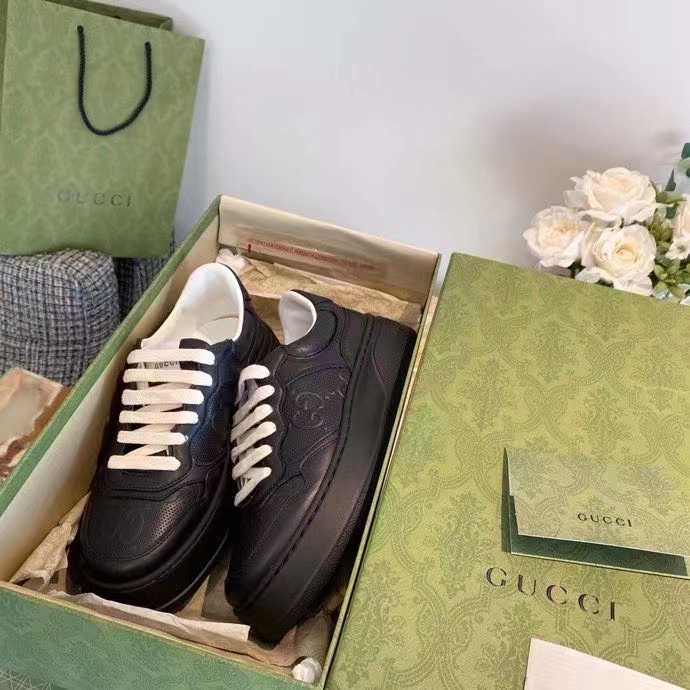 Gucci Unisex Ace GG Embossed Sneaker Black GG Embossed Leather Rubber Sole