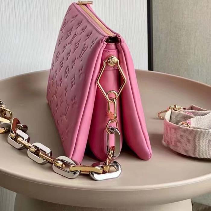 Louis Vuitton LV Women Coussin PM Handbag Rose Bonbon Pink Lambskin Cowhide Leather