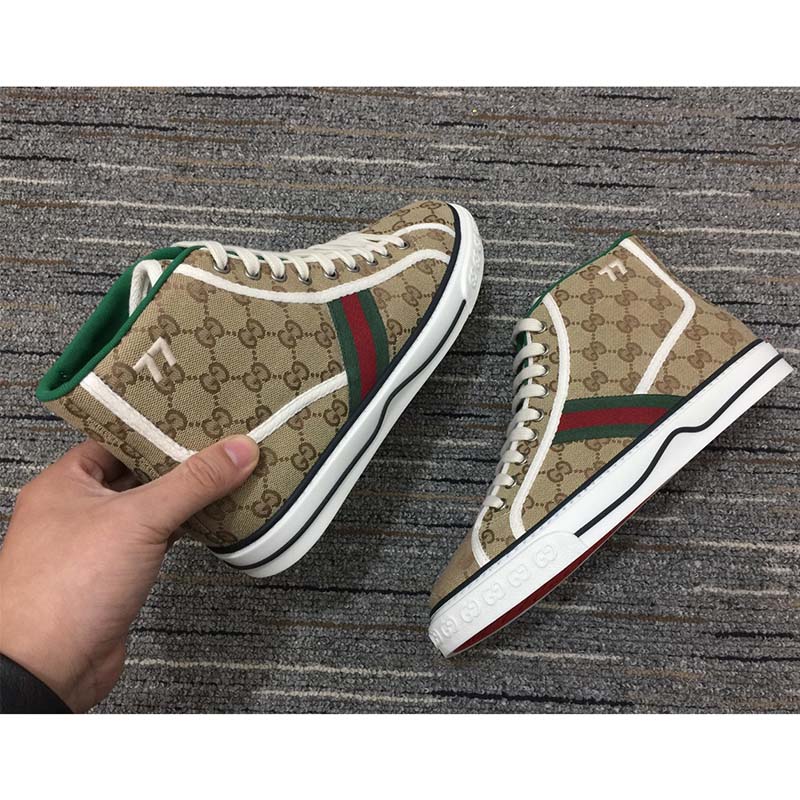 Gucci Unisex Tennis 1977 High Top Sneaker Brown Rubber Sole Flat 2 Cm Heel