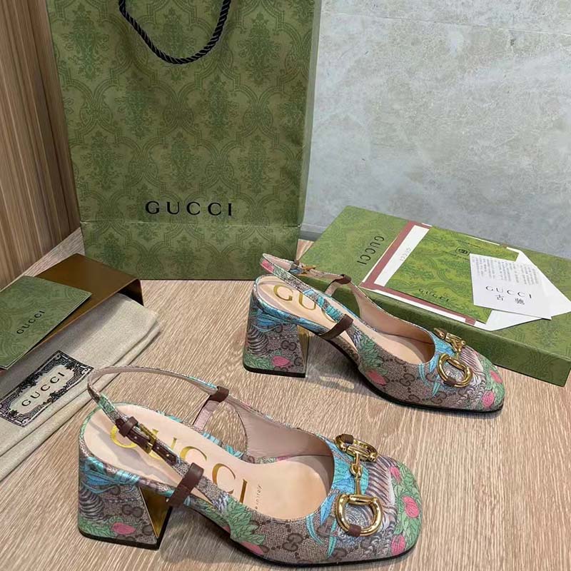 Gucci Women GG Tiger Mid-Heel Slingback Tiger Flower Beige Ebony Supreme Canvas