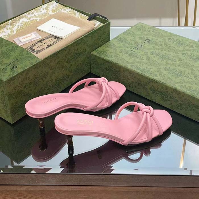 Gucci Women GG Slide Sandal Bamboo Pink Leather Bamboo Low Heel