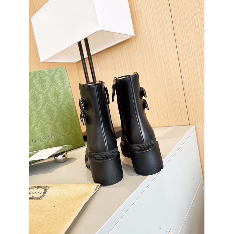 Gucci Women GG Ankle Boot Buckles Black Leather Rubber Sole Mid-Heel