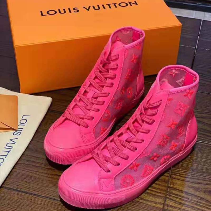 Louis Vuitton LV Unisex Tattoo Sneaker Boot in Damier Tartan Canvas with Monogram Embroidery-Pink