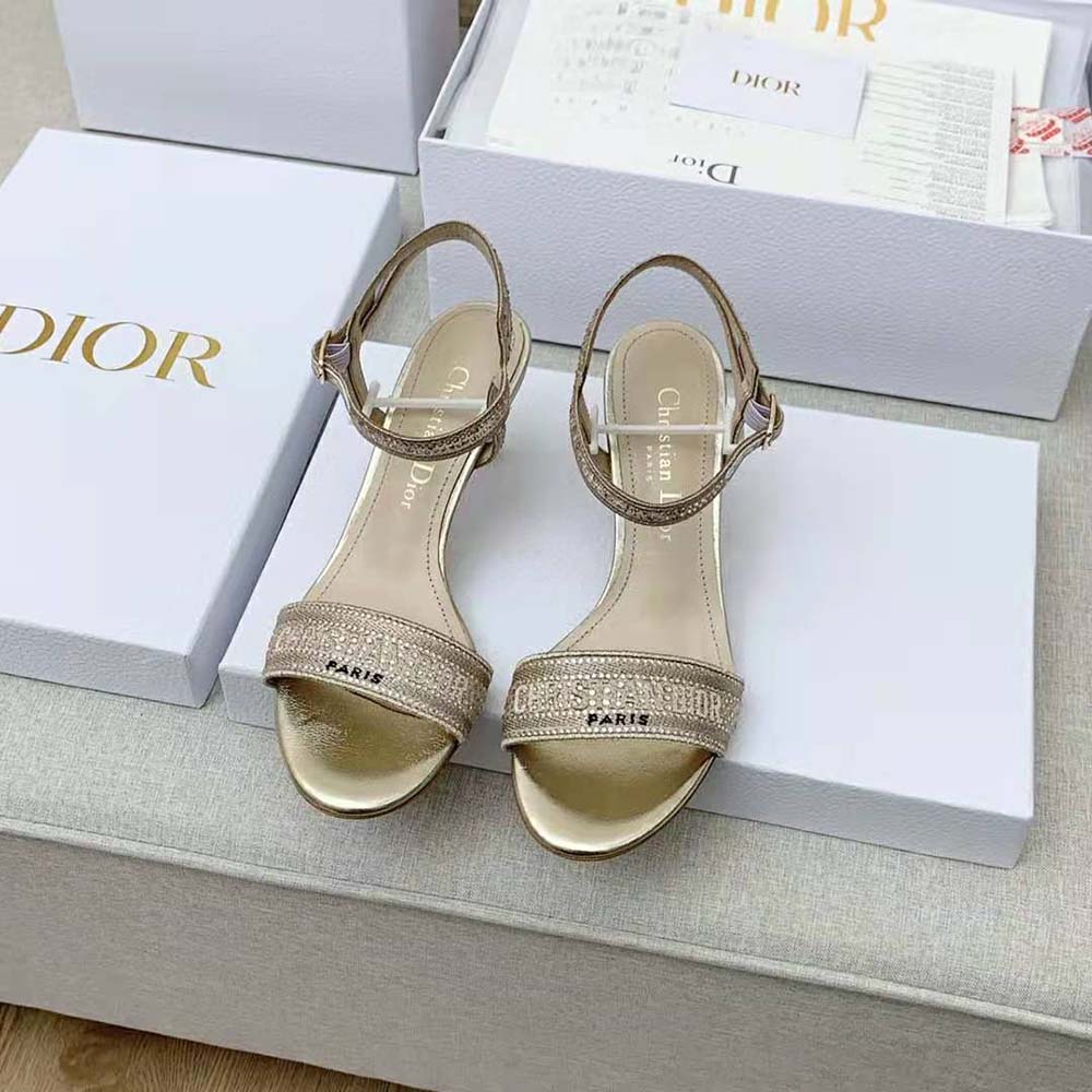 Dior Women Dway Heeled Sandal Gold-Tone Cotton Embroidered with Metallic Thread and Strass