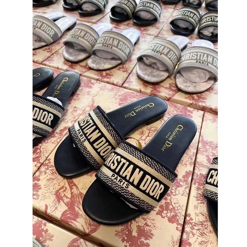 Dior Unisex CD Dway Slide Deep Blue Embroidered Cotton