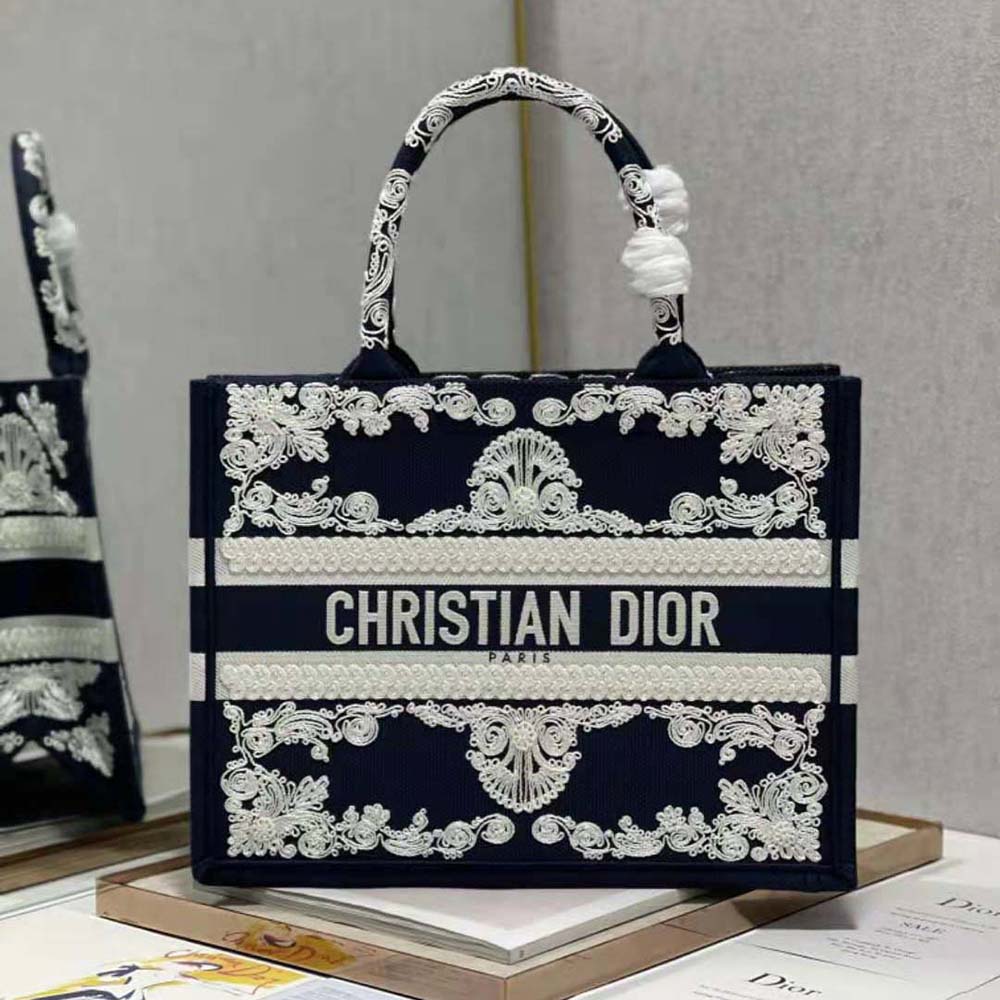 Dior Women Medium Dior Book Tote Blue Cornely-Effect Embroidered Calfskin