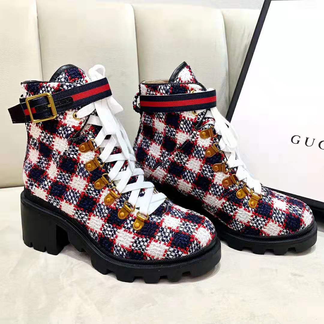 Gucci Women Gucci Zumi GG Check Tweed Ankle Boot in Blue White and Red