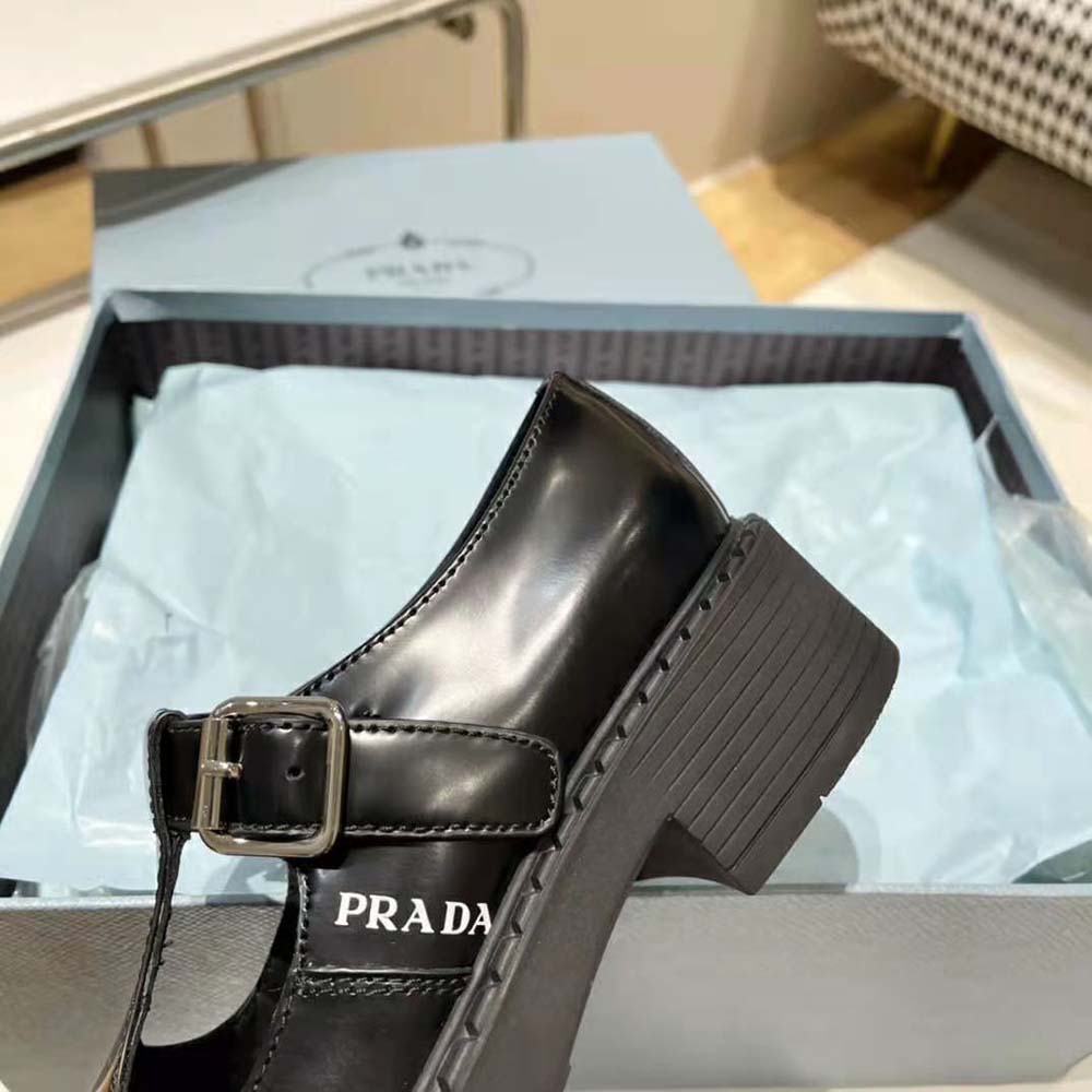 Prada Women Brushed-Leather Mary Jane T-strap Shoes-Black