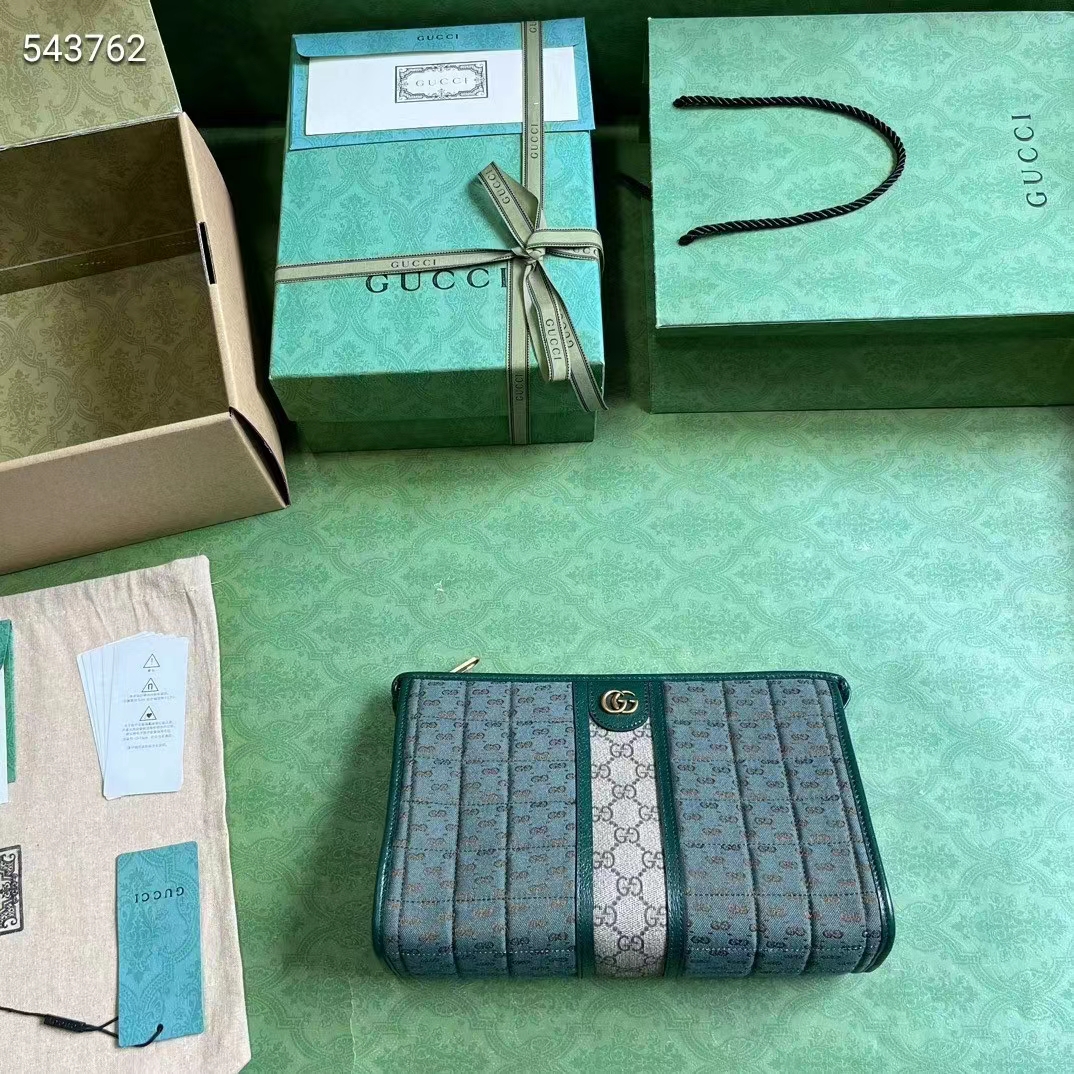 Gucci Unisex Mini GG Canvas Pouch Green Quilted Beige Ebony Supreme