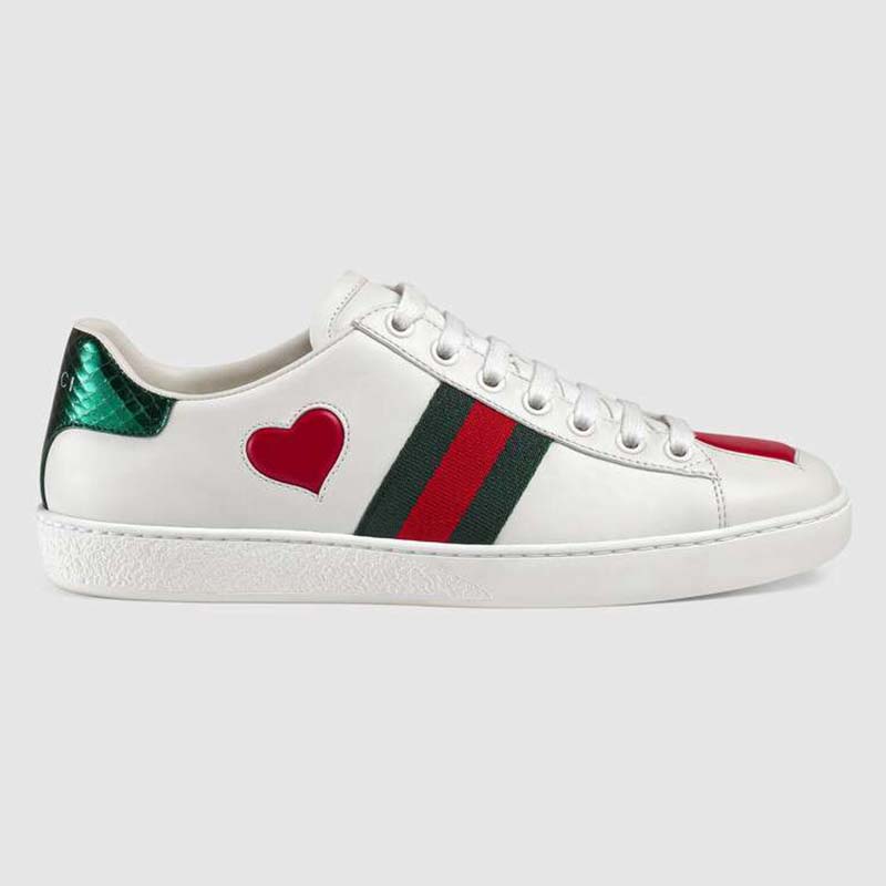 Gucci Women’s Ace Embroidered Sneaker with Two Leather Hearts in Rubber Sole-White