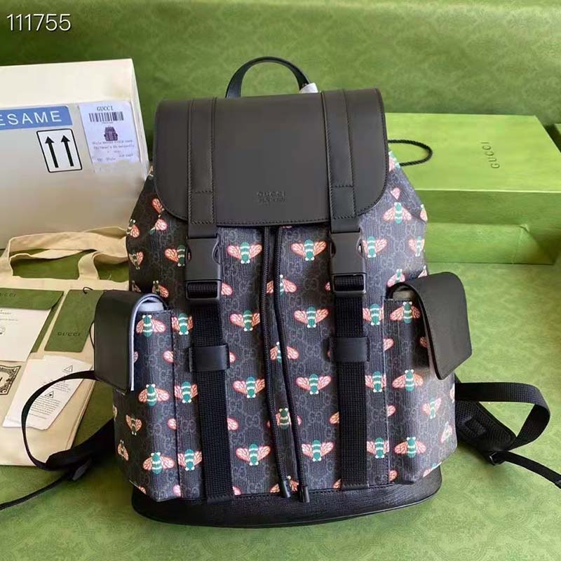 Gucci Unisex Gucci Bestiary Backpack Bag Bees Black GG Supreme Canvas