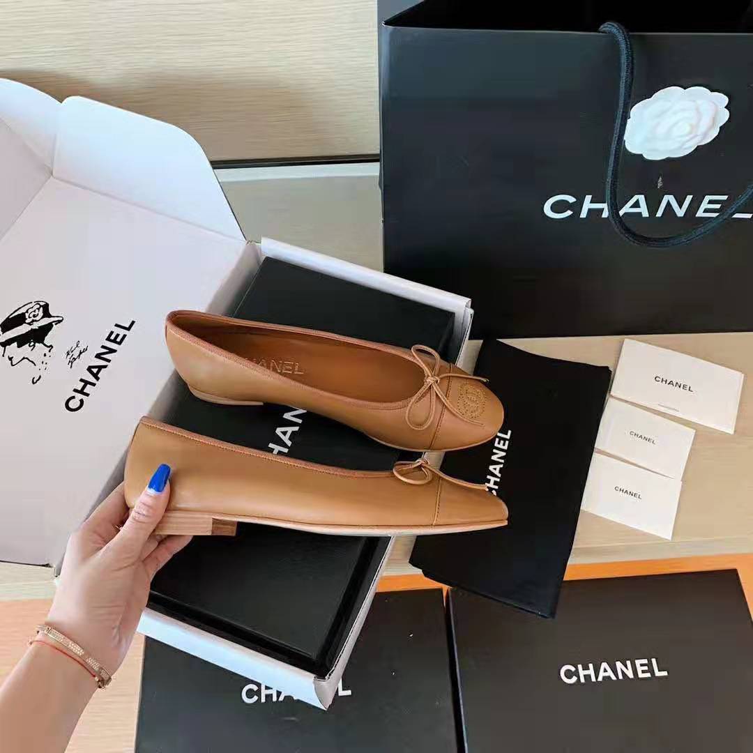 Chanel Women Ballerinas Calfskin Brown 1 cm Heel