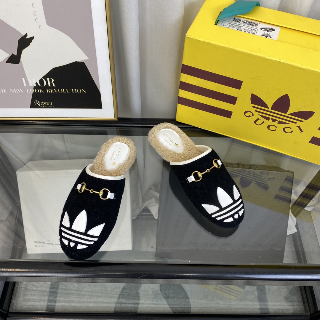 Gucci Women GG Adidas x Gucci Women’s Trefoil Slipper Black Suede Flat