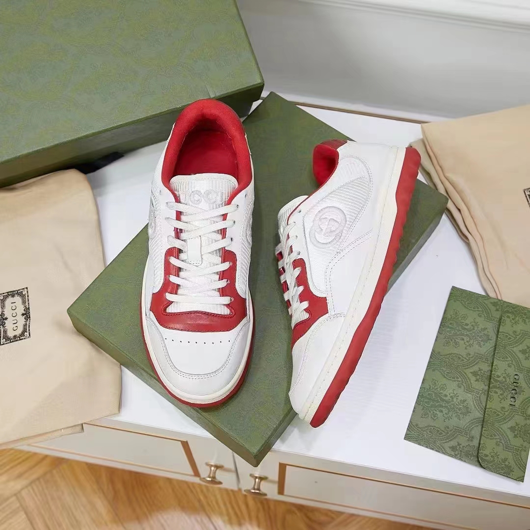 Gucci Unisex GG MAC80 Sneaker Off White Red Leather Round Toe Rubber Flat