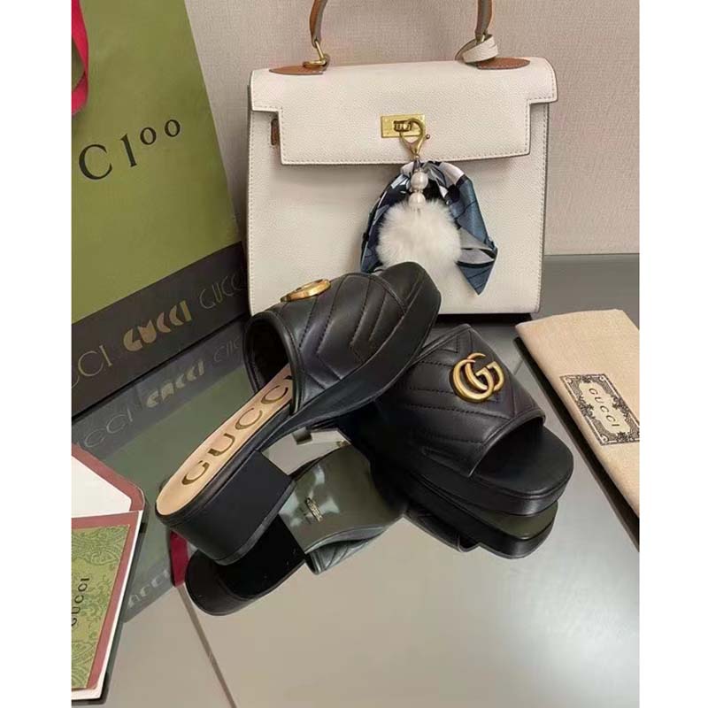 Gucci Women Double G Slide Sandal Black Chevron Matelassé Leather Mid-Heel