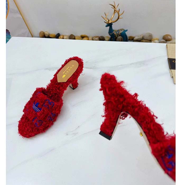 Gucci Women Adidas x Gucci Slide Sandal Red GG Trefoil Shearling-Effect Fabric