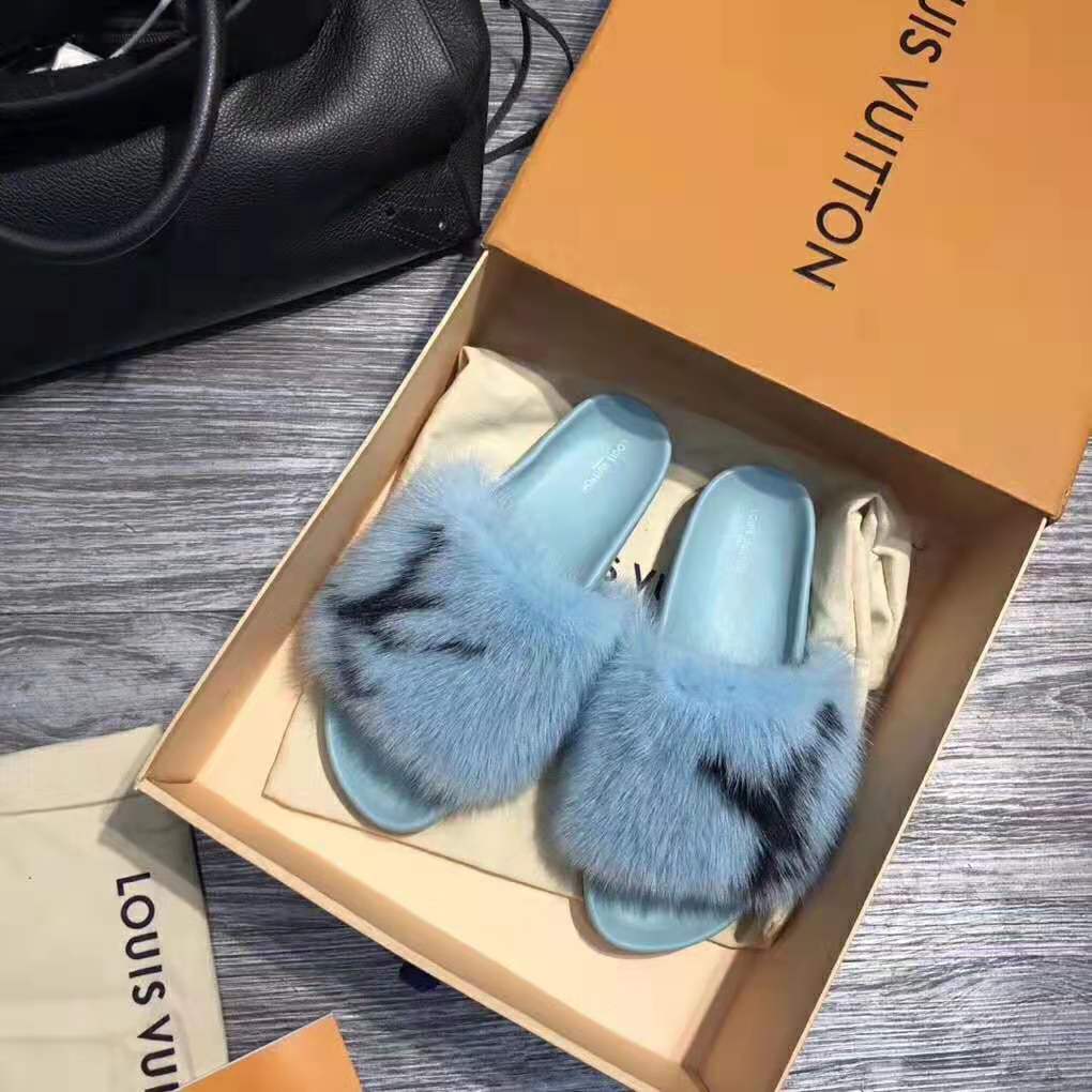 Louis Vuitton LV Women Furry Sandals in Mink Hair Leather-Blue
