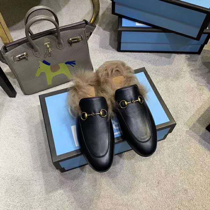 Gucci Women Princetown Leather Slipper with Lamb Wool-Black
