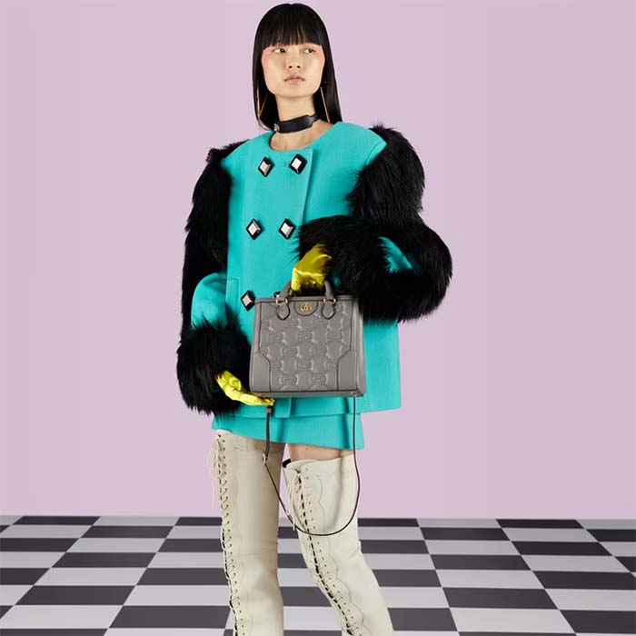 Gucci Women GG Matelassé Mini Top Handle Bag Dusty Grey Leather Double G